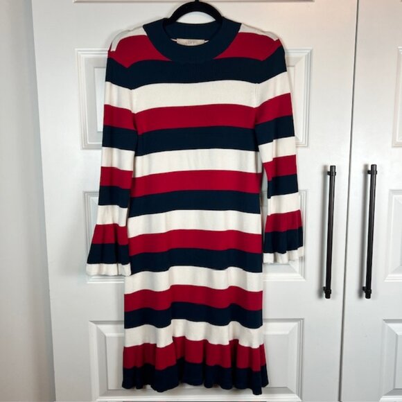 LOFT Striped Sweater Dress Small Navy Red White Bell Sleeve Knit Shift NWT - Picture 2 of 7